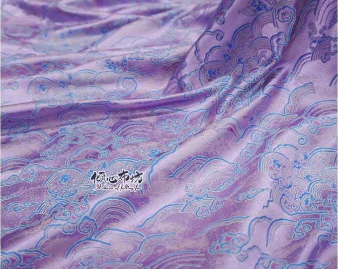 Lilac Silk Brocade Fabric - 29.5"W Sea of Clouds & Waves, Upholstery, Decor, Costume, Curtain, Handbag, DIY Sewing