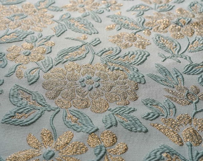 Gold thread jacquard fabric, 3D texture, designer fabric, mint green flowers, Upholstery, Prom dress & Sewing fabric, 55" W By 1 Meter, SALE