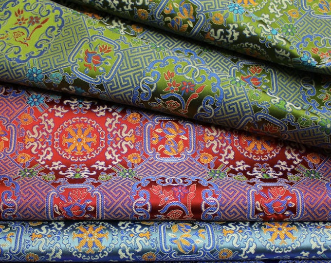 29.5"W Exotic Thangka Pattern, Tibetan classic brocade satin woven jacquard fabric, costume, cheongsam, Tang suit, Upholstery Sewing Fabric