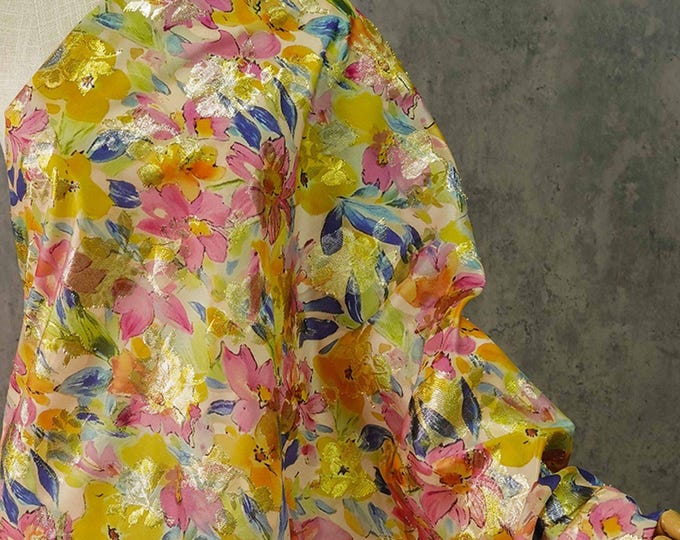 Bright flowers jacquard woven fabric, 3D gold thread texture with embossed effect, Upholstery, Costume, Sewing DIY fabric, 57"W By 1 yard