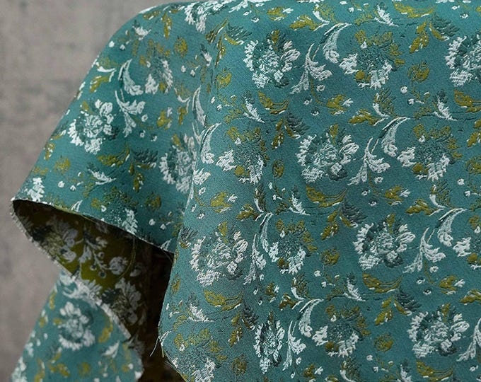 Teal Floral Jacquard Fabric: Color-Woven Sewing & Upholstery Material
