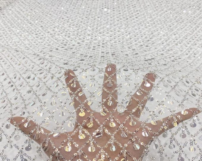 50"W 3+7mm crystal sequin beads embroidery fabric, skirt, dress, Evening, prom & Wedding dress, see-through Soft Creative Fabric