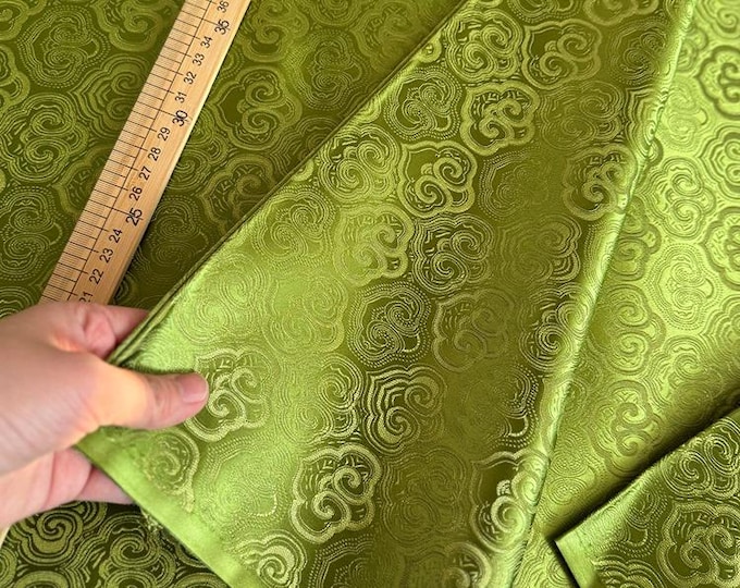Green Jacquard Satin Fabric – Ruyi Pattern, DIY Clothing & Decor (29" wide)