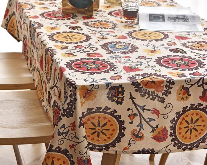 Printed cotton and linen Tablecloth| Bohemian Style, 58"W, Sustainable Fabric, Home Decor, Upholstery, Sewing, Quilting, DIY/ Fabric