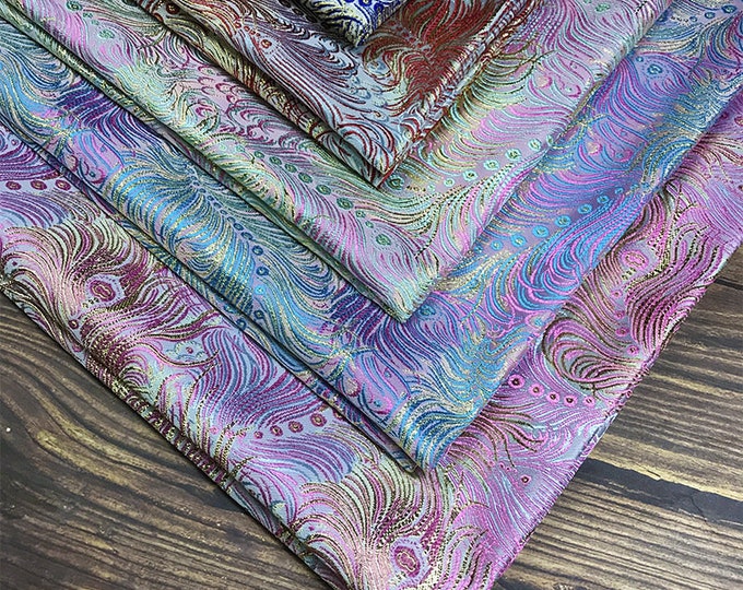 Magenta & Colorful Peacock Feathers Floral Chinese Silk Brocade Fabric by the Meter, Upholstery, Sewing, Decor, Costume/Fabric by the meter