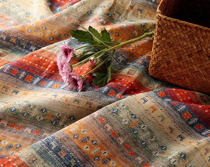 Asian Ethnic style printed pure Ramie Fabric, 57“W, Upholstery, Decor, Costume, Curtain, Handbag, Sewing, Scarf/Fabric by the meter
