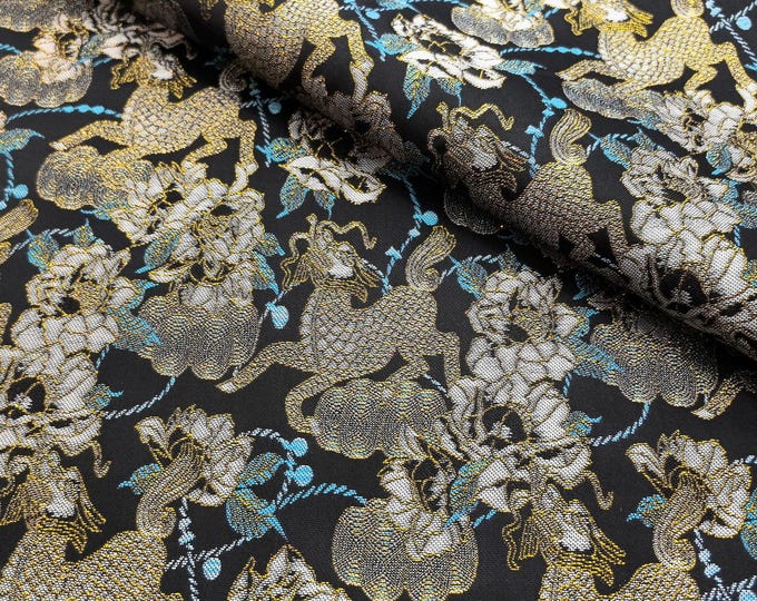 59"W Ancient Chinese Famous paintings pattern Silk Brocade, Kirin Peony pattern, Upholstery, Quilting, Sewing, DIY fabric