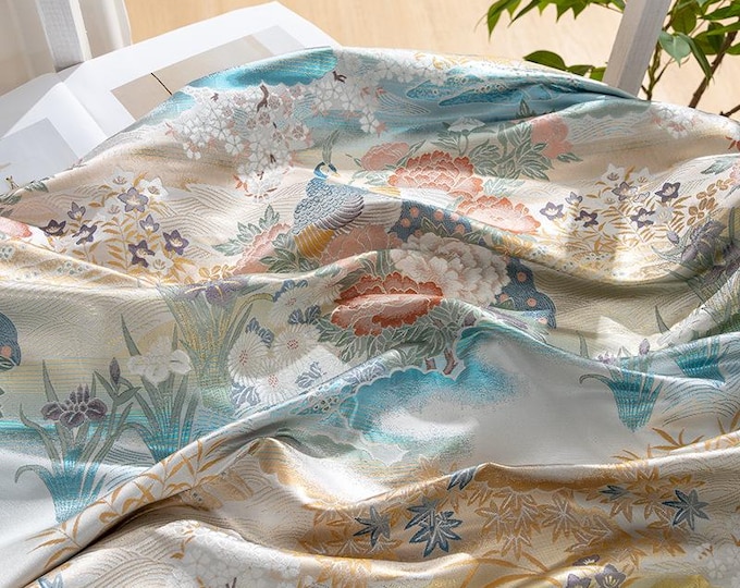 59"W Peacock Japanese fabric, Nishijin Weaving, Upholstery, Decor, Costume, bag, Sewing, Quilting, kimono, DIY/Fabric, by one meter