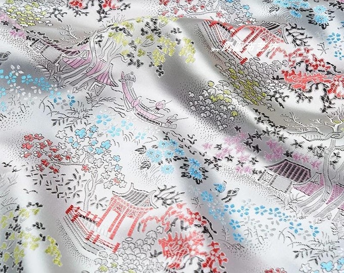 59"W Silver white Ancient Chinese Famous paintings pattern Silk Brocade -By The Meter, Upholstery, Quilting and Sewing fabric for sale