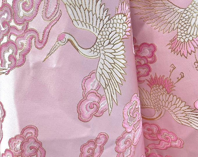 59"W Pink Birds Fabric, crane pattern Jacquard Satin Fabric, Brocade Fabrics By The Meters, Handbag Antique Cheongsam Sewing Fabrics