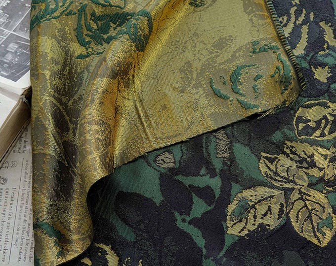 Green Jacquard Woven Fabric: 3D Gold Thread Embossed Texture, 61"W - Upholstery & Costume