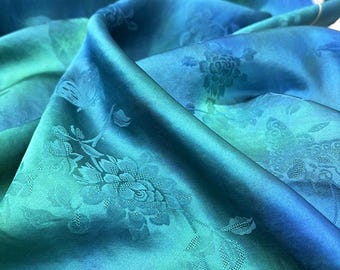 Teal & Blue Floral Mulberry Silk Fabric: 55"W Digital Print