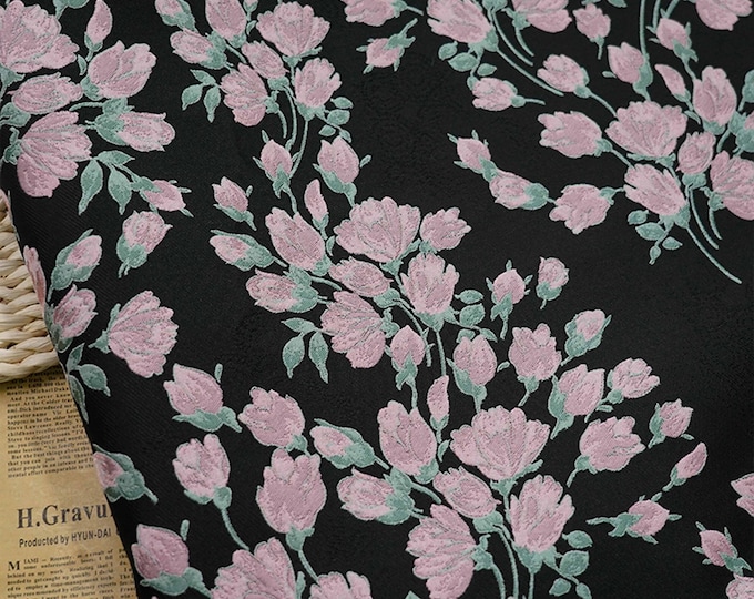 Reversible jacquard woven fabric, pink flower with embossed effects, Upholstery, bedding, Costume, Curtain, handbag, kimono/Fabric, 55"W