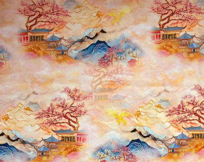 Oriental Landscape Cotton Fabric: Fairy Mountain Palace Print, Quilting Material (55"W)