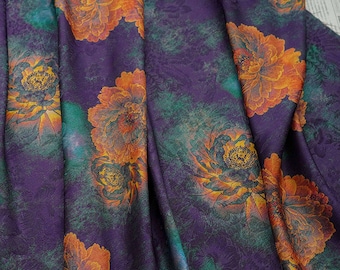 Tessuto in raso di seta floreale: tappezzeria verde scuro, costumi, tendaggi (59"W)