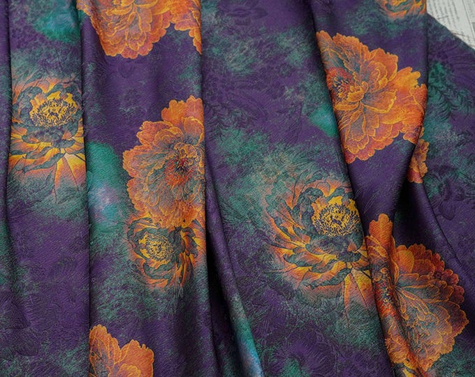 59"W ink painting Tea silk satin fabric, Digital print, dark green Upholstery, Decor, Costume, Curtain, bag, Sewing, drapery, DIY/Fabric