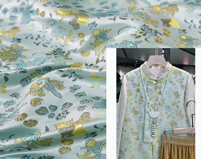 59"W Song Brocade aqua blue goldfish Silk Brocade, Emperor Tibetan robe, cheongsam, Upholstery, Quilting and Sewing, drapery, costume/fabric
