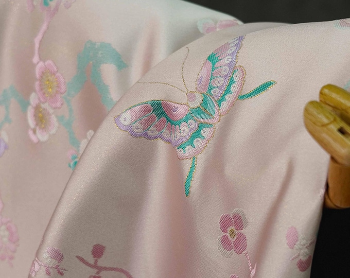59”W Japanese Silk brocade Fabric, butterfly Jacquard damask Fabric, Upholstery, Decor, Costume, Curtain, bag, Sewing/Fabric by the meter