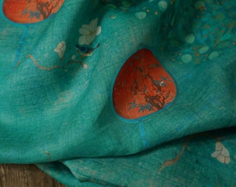 Jade Green Ramie Fabric: Floral Cheongsam Qipao Textile, 55"W