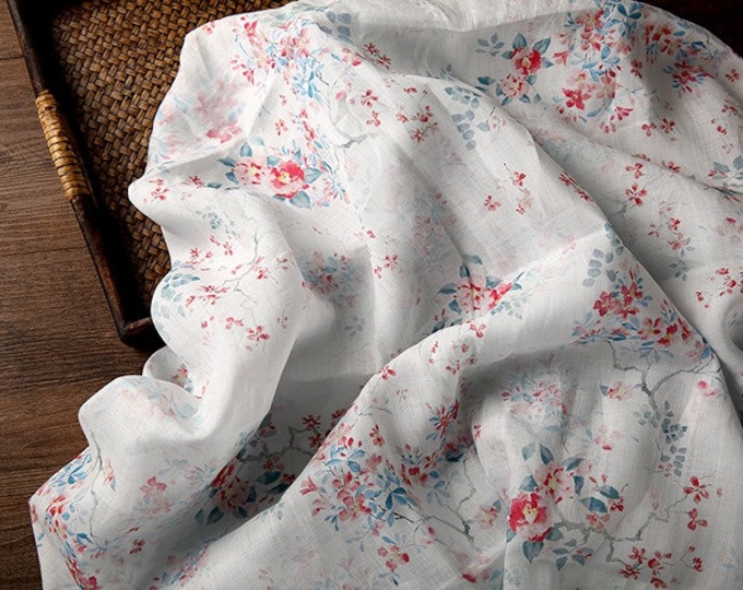 White cotton flower printed pure Ramie Fabric, 57“W, Upholstery, Decor, Costume, Curtain, Handbag, Sewing, Scarf/Fabric by the meter