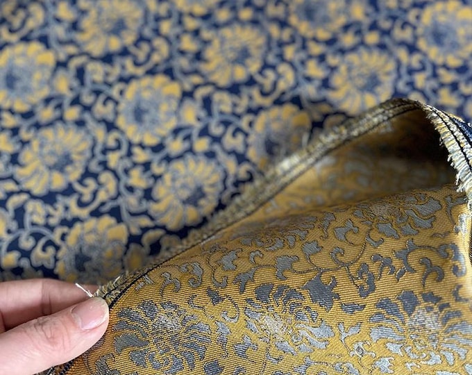 Peony Pattern Brocade Fabric 55" Wide - Ancient Han Costume, Cheongsam, Upholstery, Quilting, Sewing Fabric by the Meter in Blue & Yellow