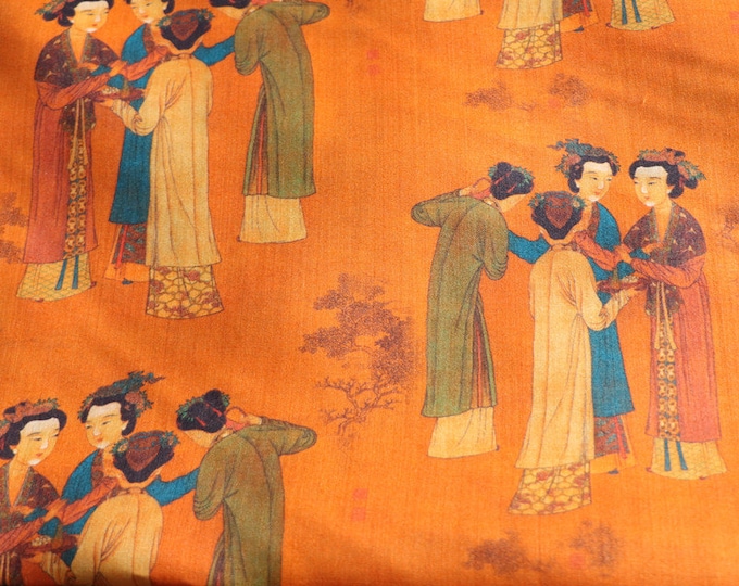 Court Ladies of the Former Shu by Tang Yin, Famous painting of Ming Dynasty, 55"W Premium Quality Linen Fabric, Upholstery and Sewing fabric