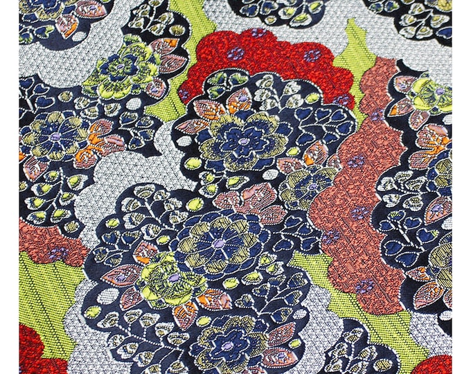 29.5" W Nishijin Flower Japanese kinran Fabric, Jacquard silk brocade damask, Upholstery, Decor, Costume, bag, Sewing/Fabric by the meter