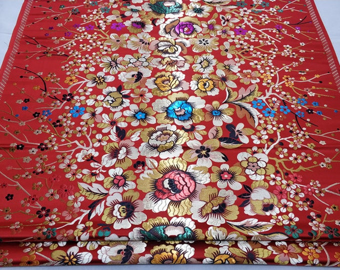 Red Silk Brocade Fabric Peony Flower Design, Handmade Wedding Fabric, 29" W Chinese Silk Fabric By 1 Meter on SALE