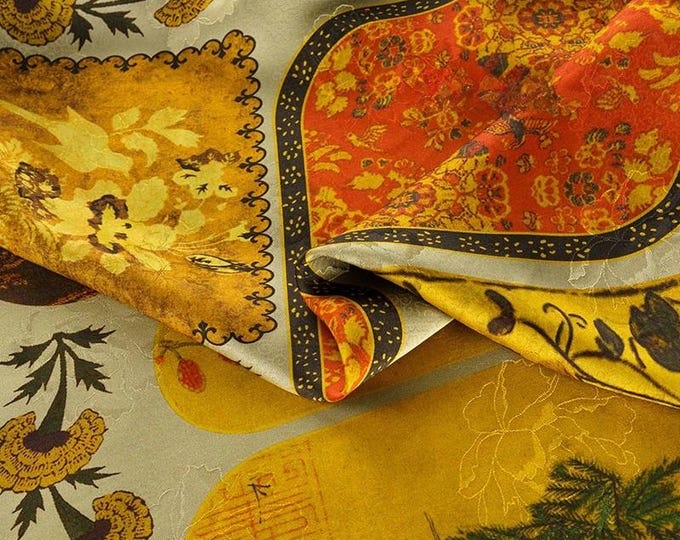 59"W Ancient Dunhuang Tea silk satin fabric, Digital print, Upholstery, Decor, Costume, Curtain, bag, Sewing, drapery, DIY, Quilting/Fabric