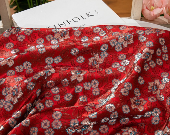 47"W Red Song Brocade Chinese Wishful sun flower Silk Brocade, Emperor Tibetan robe, cheongsam, spinning Fabric, silk rayon sewing, Quilting