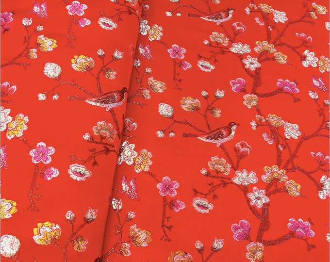 59"W Red Silk Brocade Fabric Lifelike Bird and Branches,  Upholstery, Quilting and Sewing fabric, Cushion cover suit pillow cheongsam Qipao