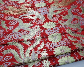 Gold Chinese Dragon & Phoenix Bird Multi Color Brocade Emperor robe, cheongsam, Tibetan robe, spinning Fabric, silk, satin and brocade, 29"W