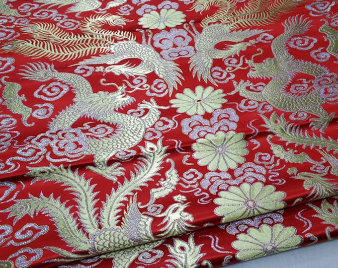 Gold Chinese Dragon & Phoenix Bird Multi Color Brocade Emperor robe, cheongsam, Tibetan robe, spinning Fabric, silk, satin and brocade, 29"W