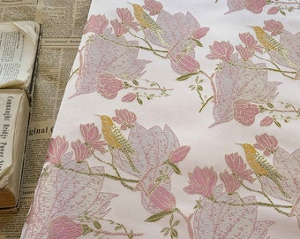 59"W light pink gold thread bird and flower Silk Brocade, Emperor Tibetan robe, cheongsam, spinning Fabric, silk rayon sewing, Quilting, DIY
