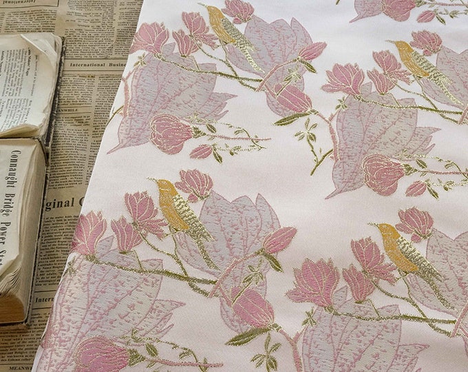 59"W light pink gold thread bird and flower Silk Brocade, Emperor Tibetan robe, cheongsam, spinning Fabric, silk rayon sewing, Quilting, DIY