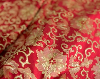 Tela japonesa de brocado jacquard floral: rayón rojo y dorado, 75 cm de ancho