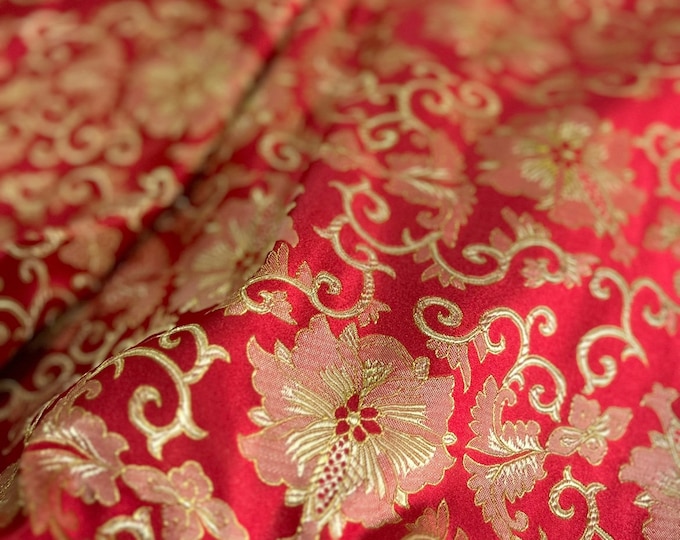 Japanese Floral Jacquard Brocade Fabric: Red & Gold Rayon, 29.5" Wide