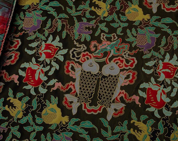 Chinese Silk Brocade Fabric Pisces Double Fish Home Decor, Table cloth, bed runner, pillow case, Cheongsam, drapery, Quilting, DIY Fabric