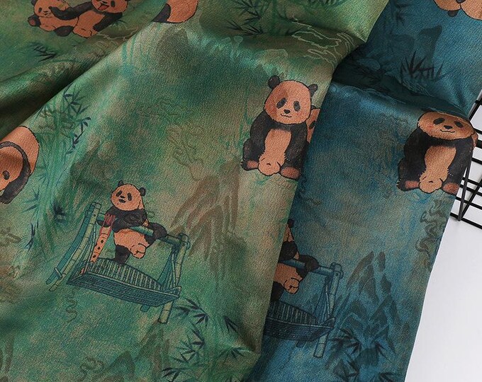59"W Asia panda bamboo Tea silk satin fabric, Digital print, 2 colors, Upholstery, Decor, Costume, Curtain, bag, Sewing, drapery, DIY/Fabric