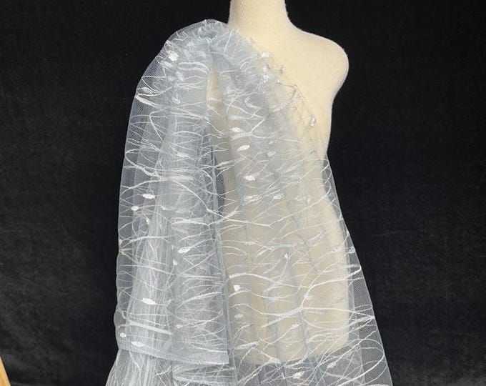 Elegant light blue grey Embroidered Sequins Lace Fabric - Tulle Mesh for Tutu & Banquet Dresses, by the yard, 59" wide