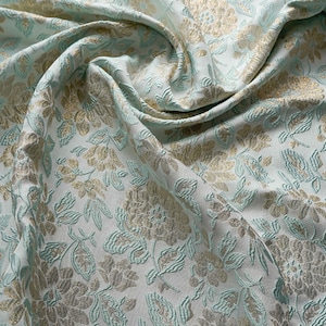 Embossed Gold Floral Jacquard Fabric: Mint Green 3D Designer Fabric, 55&quot; Wide