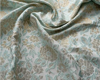 Embossed Gold Floral Jacquard Fabric: Mint Green 3D Designer Fabric, 55" Wide