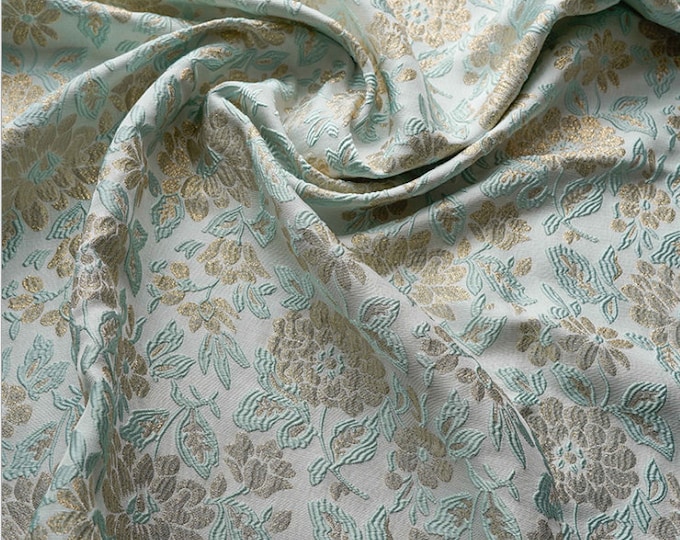 Embossed gold jacquard fabric, mint green flowers 3D designer fabric, Upholstery, Prom dress, Sewing fabric, 55" W By 1 Meter on SALE, Decor