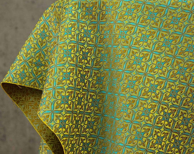 59" Width four corner pattern Traditional Silk Brocade Fabric On SALE, sell by the Meter,Upholstery and Sewing fabric, teal green color