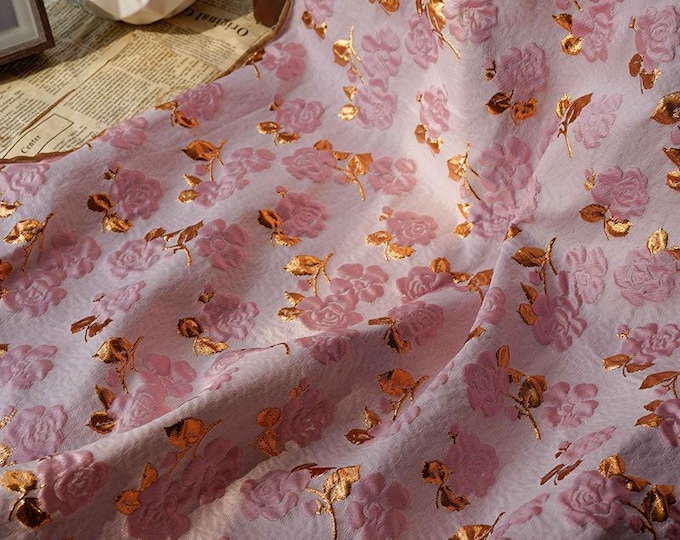 PINK gold leave flower jacquard fabric, 3D fabric, designer fabric, 55"W,Upholstery,Decor,Costume,Curtain,Handbag,Sewing/Fabric by the meter