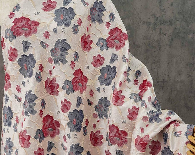 Reversible Jacquard Woven Fabric: Blue Red Embossed Flower, 60" Wide