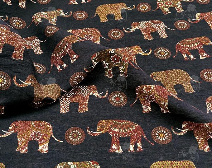 Elephant Print Cotton Fabric: Ethnic Stacked Pattern, Quilting & Sewing