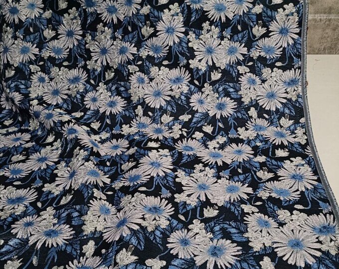 Reversible jacquard woven fabric, retro blue tone with embossed effects, Upholstery, Decor, Costume, Curtain, bag, Sewing/Fabric, 59"W