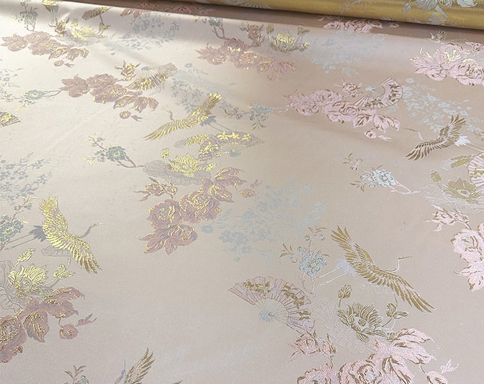 55"W woven gold thread brocade, Jacquard crane brocade, Upholstery, Decor, Costume, Curtain, Handbag, Sewing, DIY, drapery/Fabric by 1 meter