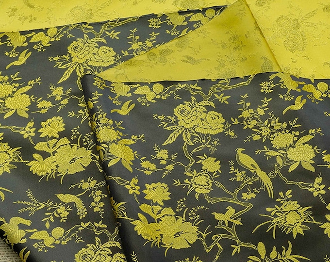 Black Gold Chinese Brocade Fabric Wild Bird and Azalea Cushion cover, pillow case, cheongsam, Qipao, Upholstery, Costume, bag, Sewing/Fabric